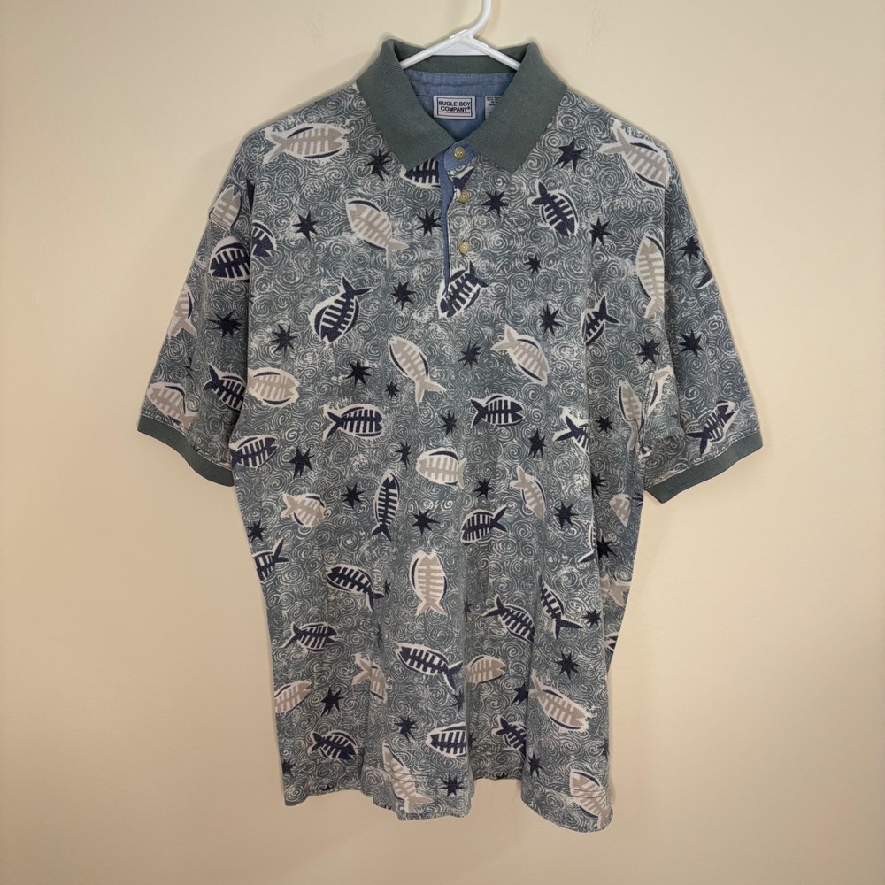 Vintage Bugle Boy Polo Shirt Mens L Blue Fish Print 90s Short Sleeve Casual Gorp